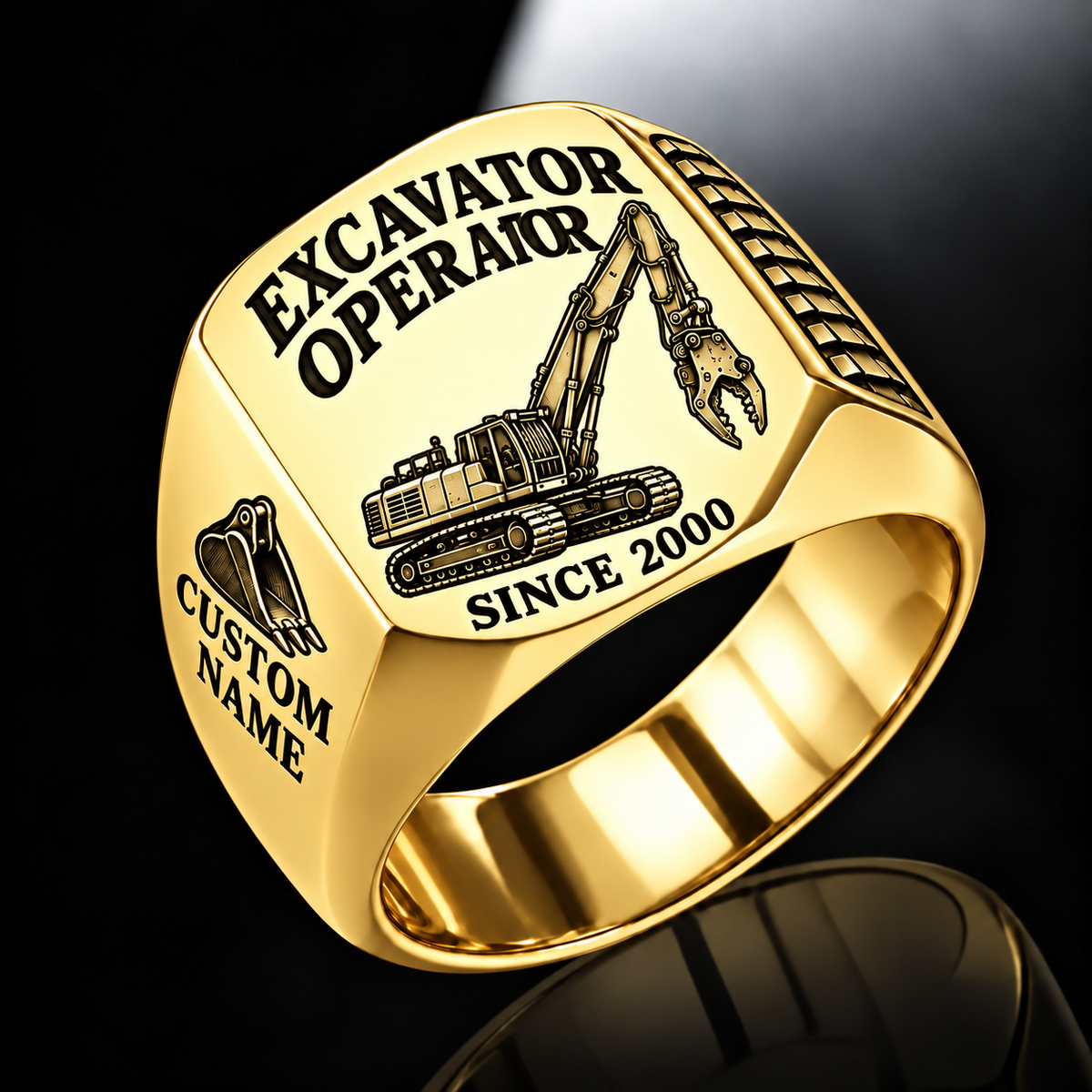 high reach demolition excavator operator signet ring, gold finish, sample name and year artwork