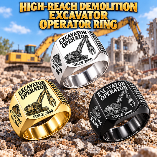 high reach demolition excavator operator signet ring, Silver, Gold and Black finishes, sample name and year artwork