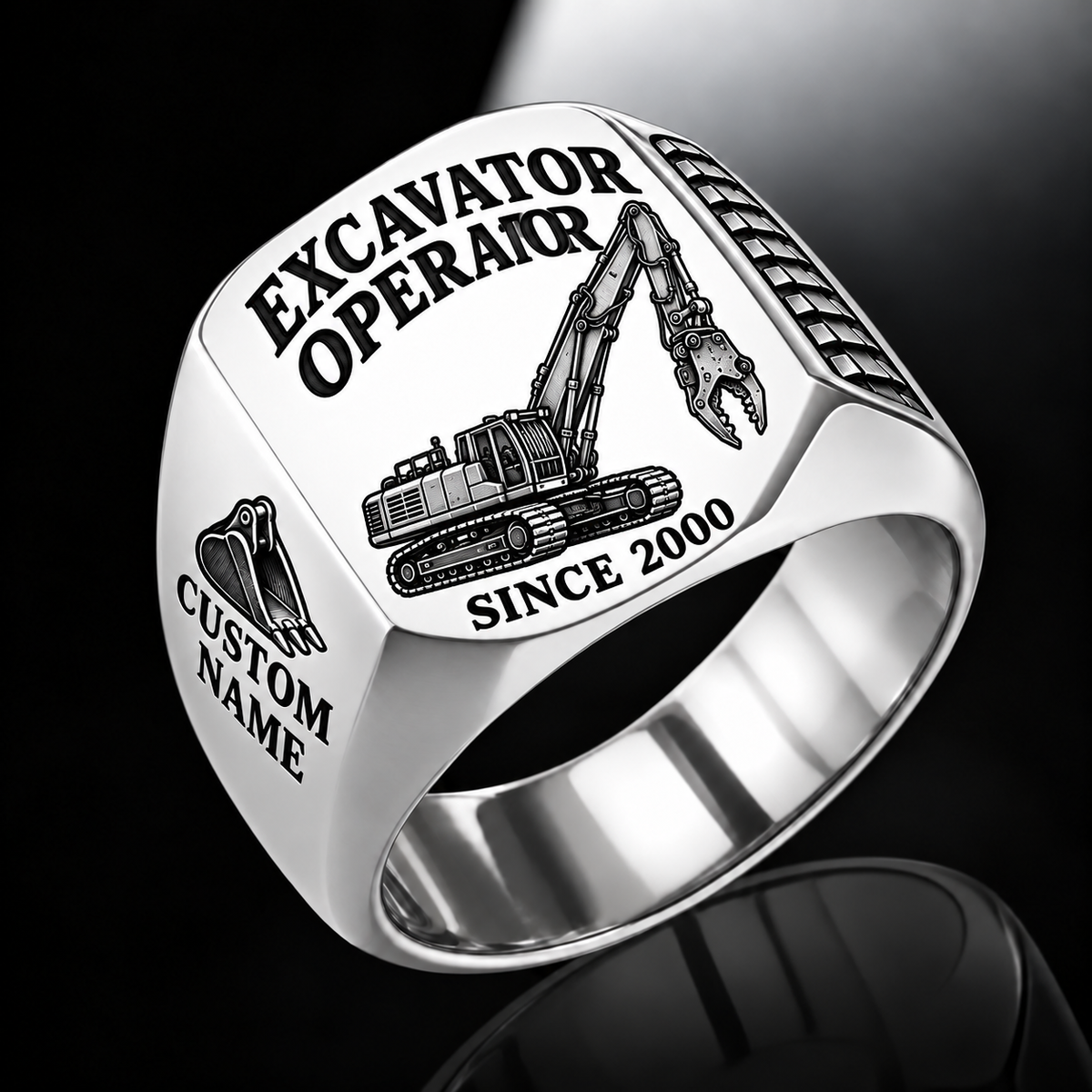 high reach demolition excavator operator signet ring, silver finish, sample name and year artwork