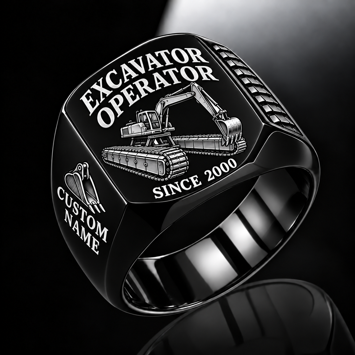 amphibious excavator operator signet ring, black finish, sample name and year artwork
