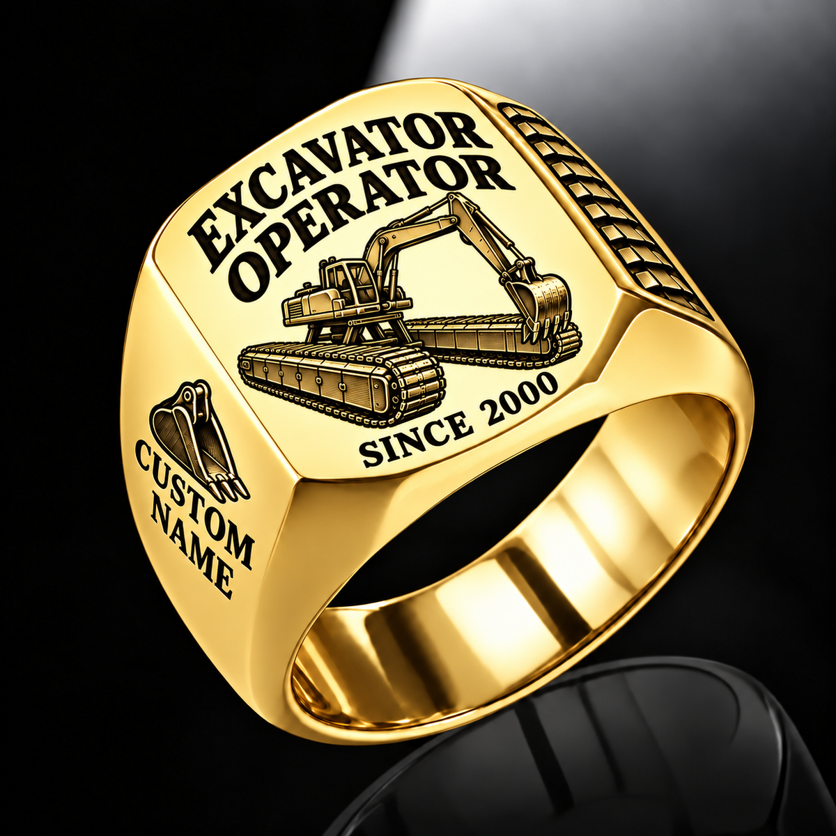amphibious excavator operator signet ring, gold finish, sample name and year artwork
