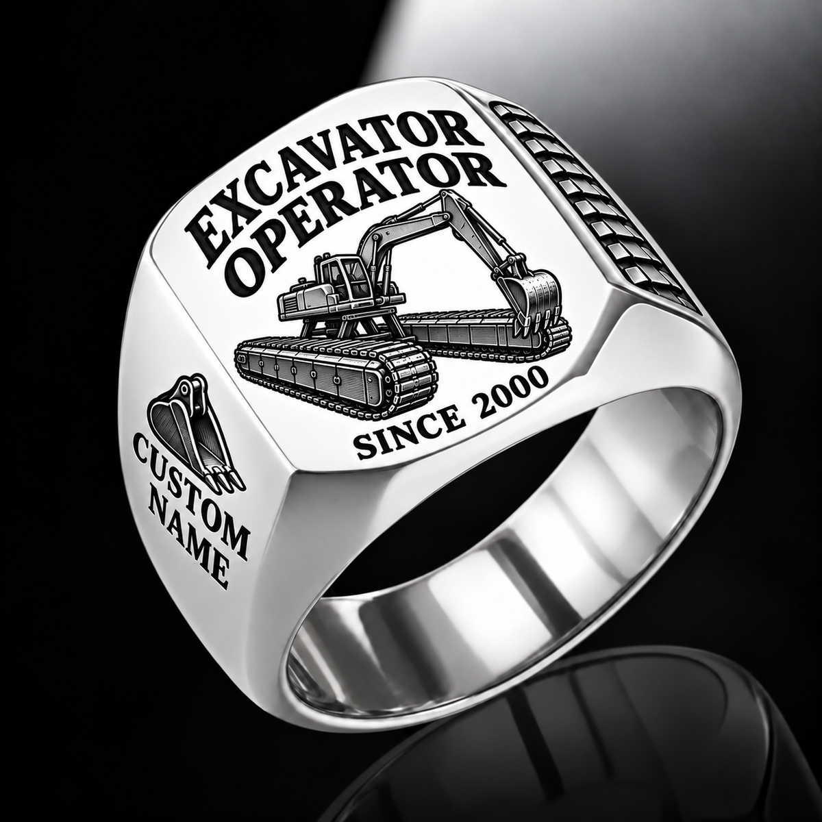 amphibious excavator operator signet ring, silver finish, sample name and year artwork