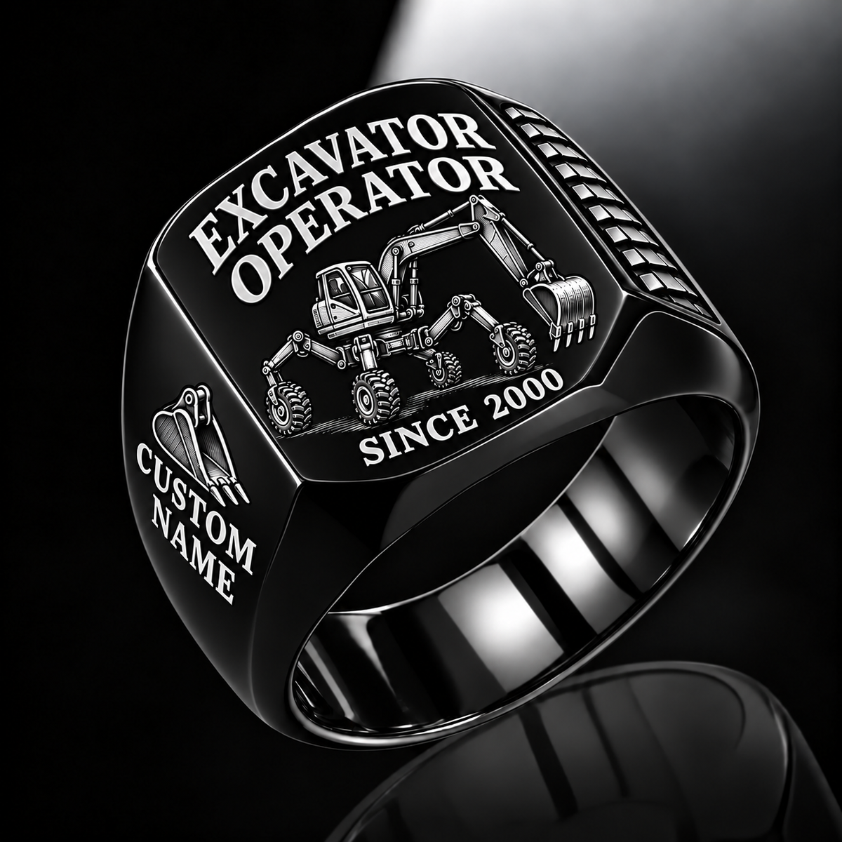 walking excavator operator signet ring, black finish, sample name and year artwork