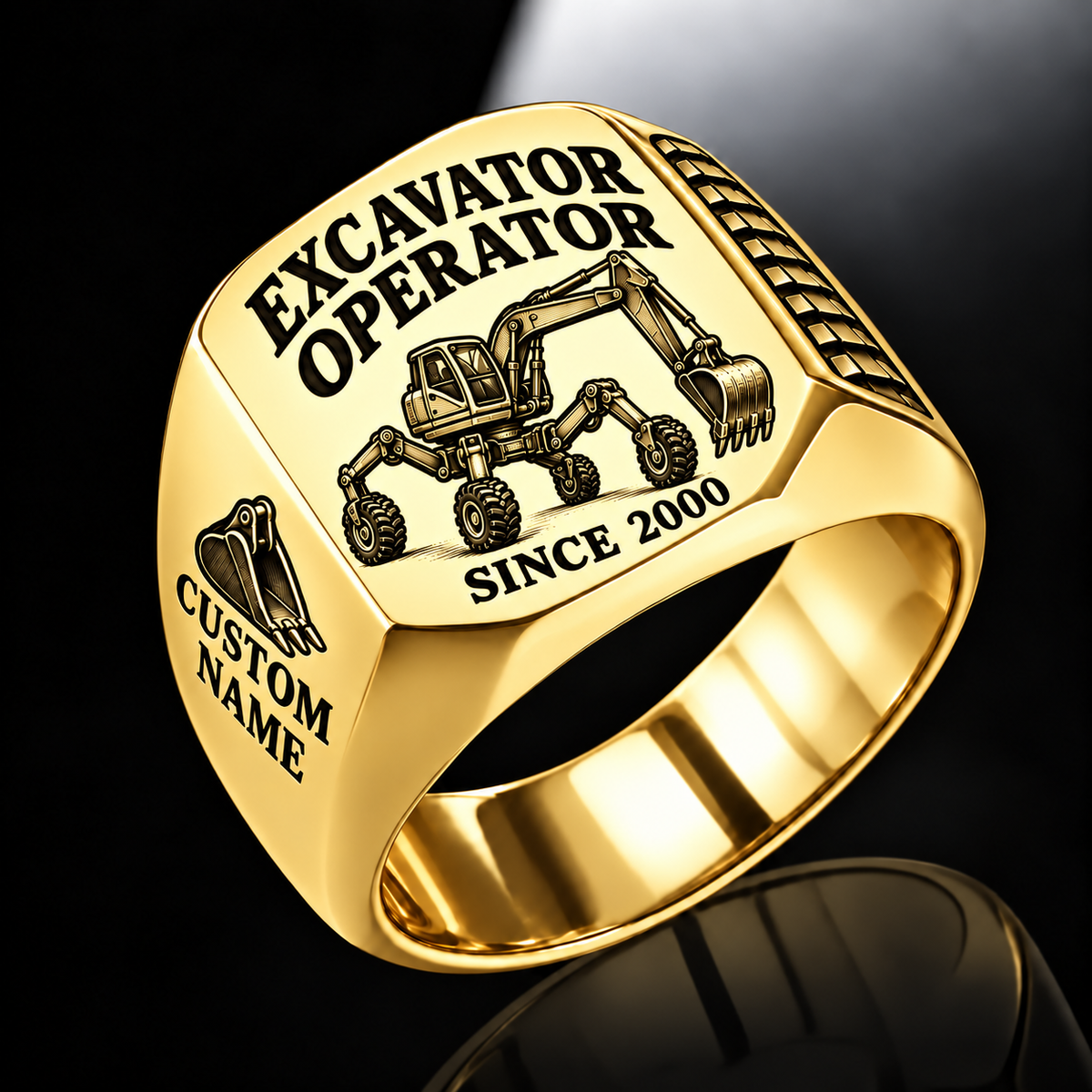 walking excavator operator signet ring, gold finish, sample name and year artwork