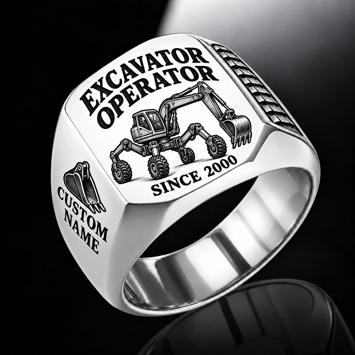 walking excavator operator signet ring, silver finish, sample name and year artwork