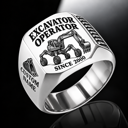 walking excavator operator signet ring, silver finish, sample name and year artwork