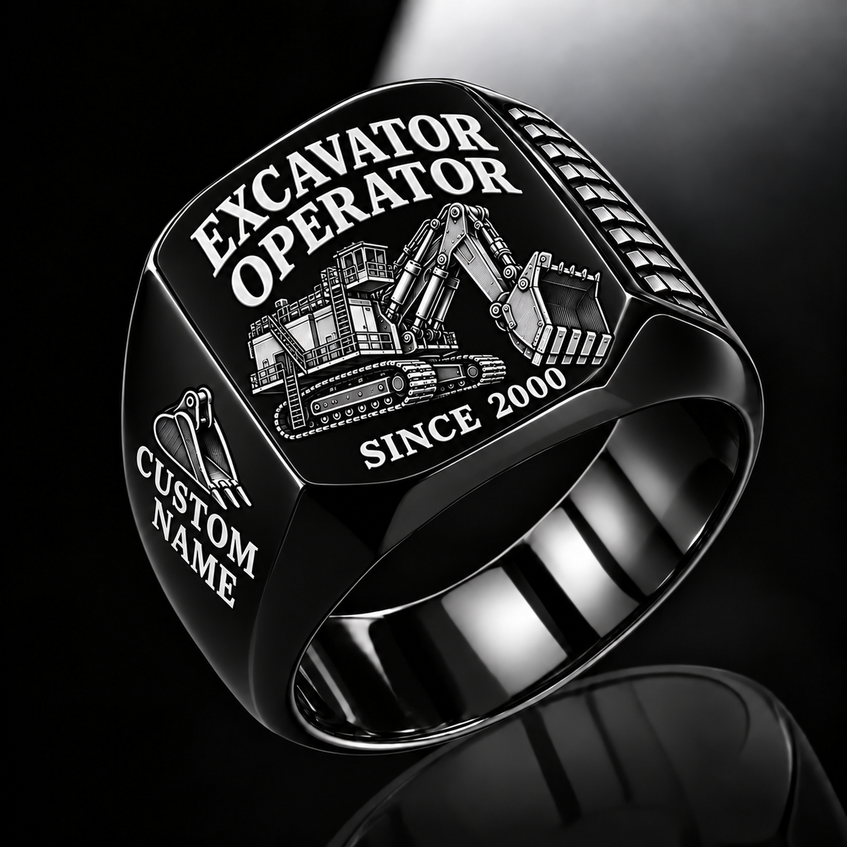 hydraulic mining shovel operator signet ring, black finish, sample name and year artwork