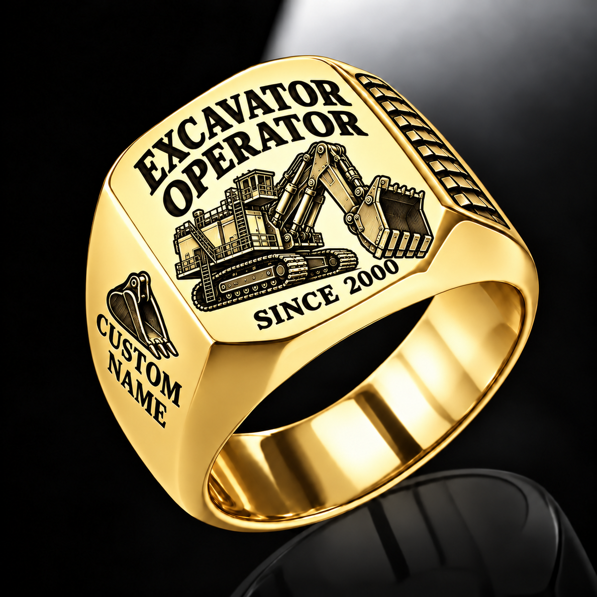 hydraulic mining shovel operator signet ring, gold finish, sample name and year artwork
