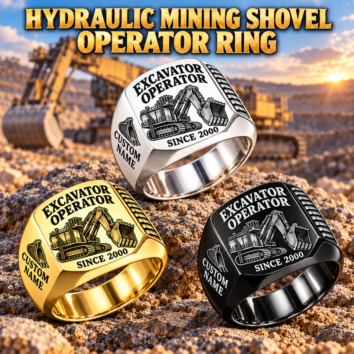 hydraulic mining shovel operator signet ring, Silver, Gold and Black finishes, sample name and year artwork