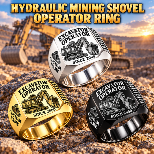 hydraulic mining shovel operator signet ring, Silver, Gold and Black finishes, sample name and year artwork