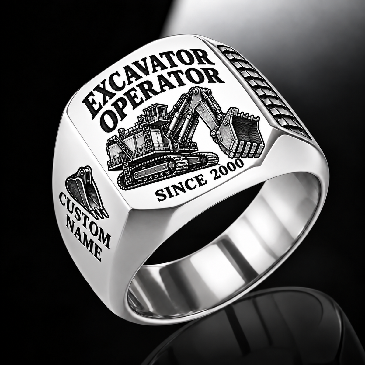 hydraulic mining shovel operator signet ring, silver finish, sample name and year artwork