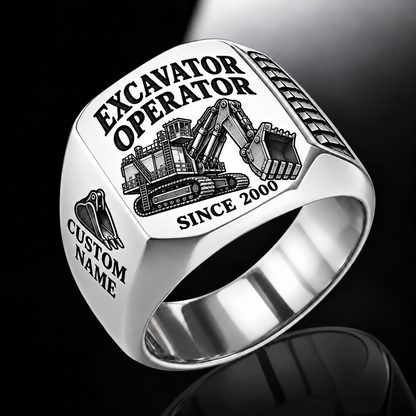 hydraulic mining shovel operator signet ring, silver finish, sample name and year artwork