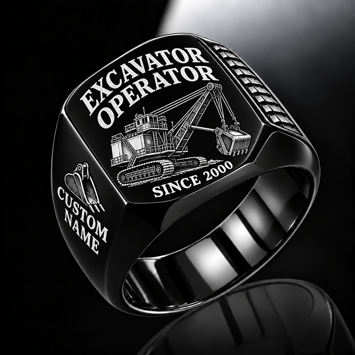 electric rope shovel operator signet ring, black finish, sample name and year artwork