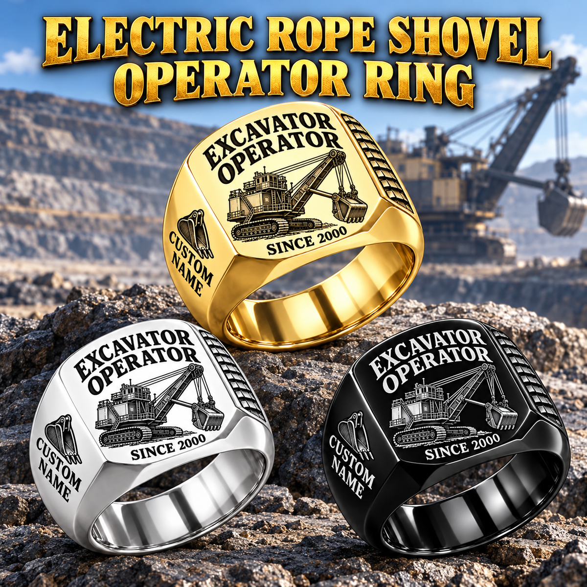 electric rope shovel operator signet ring, Silver, Gold and Black finishes, sample name and year artwork