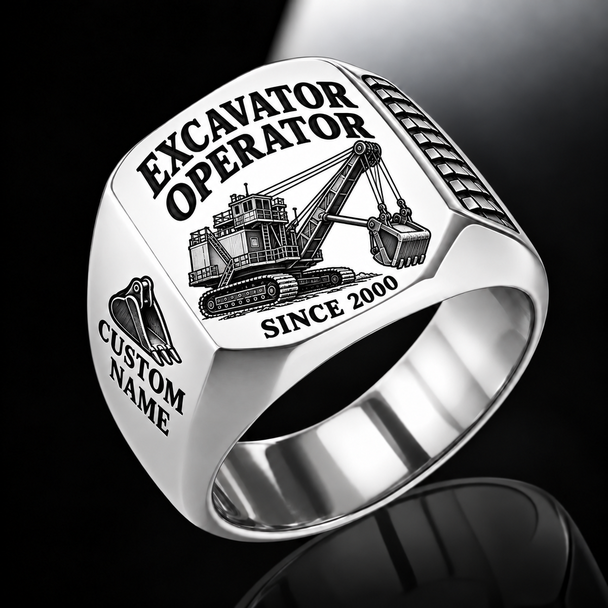 electric rope shovel operator signet ring, silver finish, sample name and year artwork