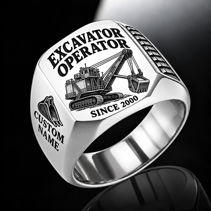 electric rope shovel operator signet ring, silver finish, sample name and year artwork