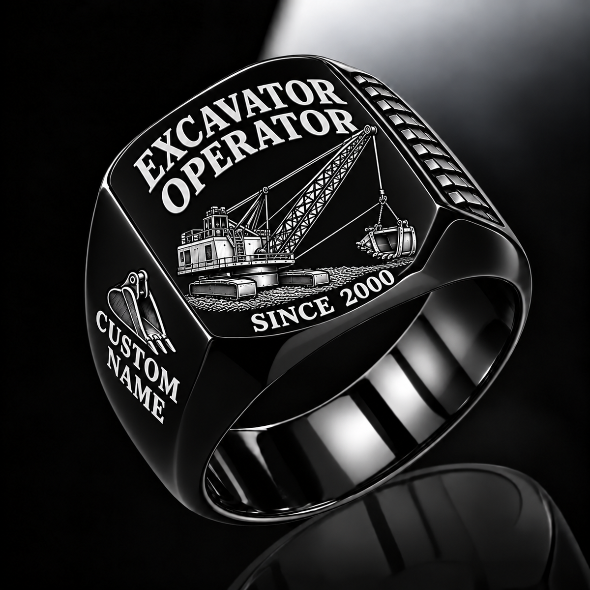 dragline excavator operator signet ring, black finish, sample name and year artwork