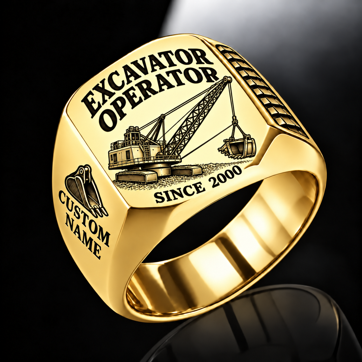 dragline excavator operator signet ring, gold finish, sample name and year artwork