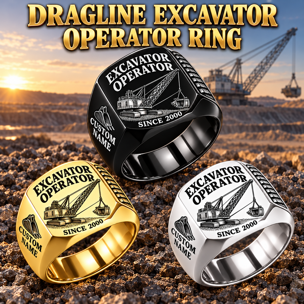 dragline excavator operator signet ring, Silver, Gold and Black finishes, sample name and year artwork
