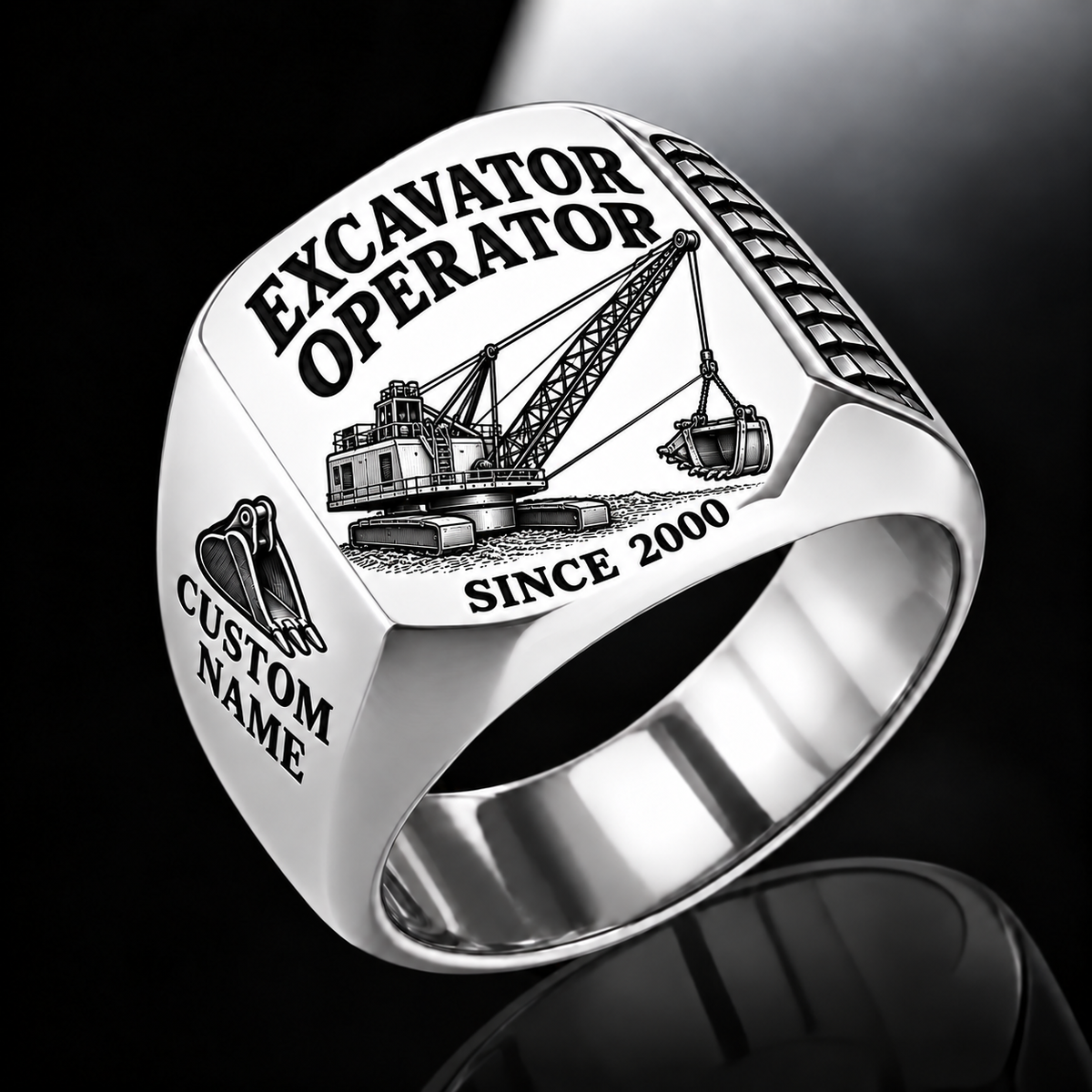 dragline excavator operator signet ring, silver finish, sample name and year artwork