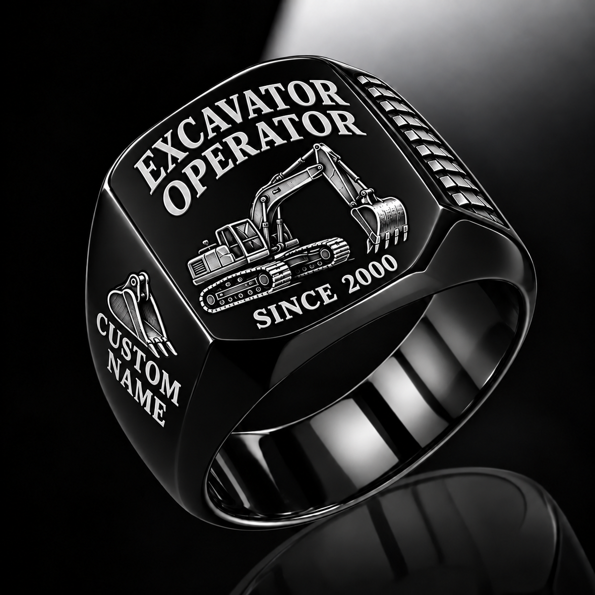 Excavator Operator Classic Emblem ring in Black, showing CUSTOM NAME and SINCE 2000