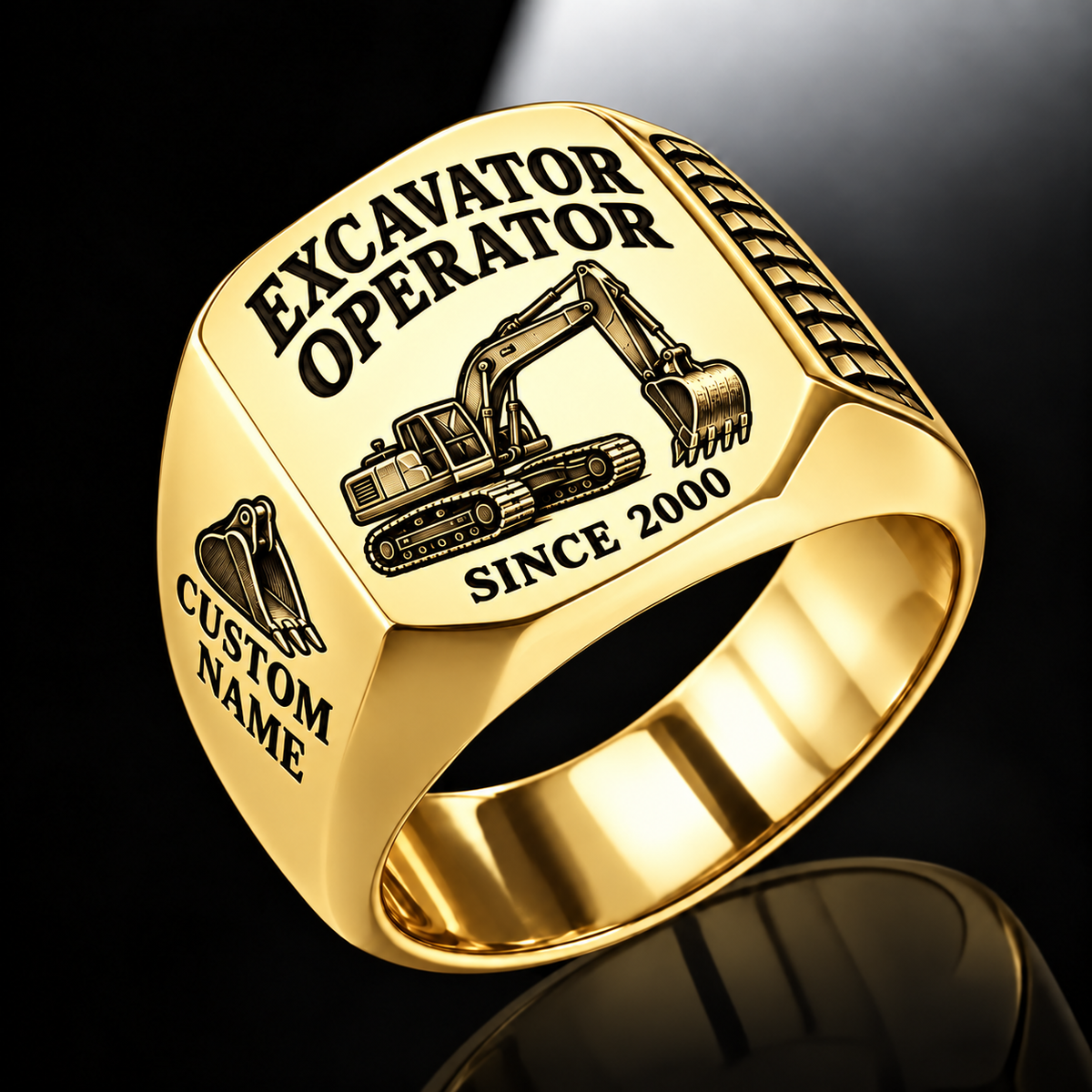 Excavator Operator Classic Emblem ring in Gold, showing CUSTOM NAME and SINCE 2000