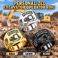 Excavator Operator Classic Emblem personalized ring in Silver, Gold and Black with CUSTOM NAME and SINCE 2000 on an excavation jobsite background