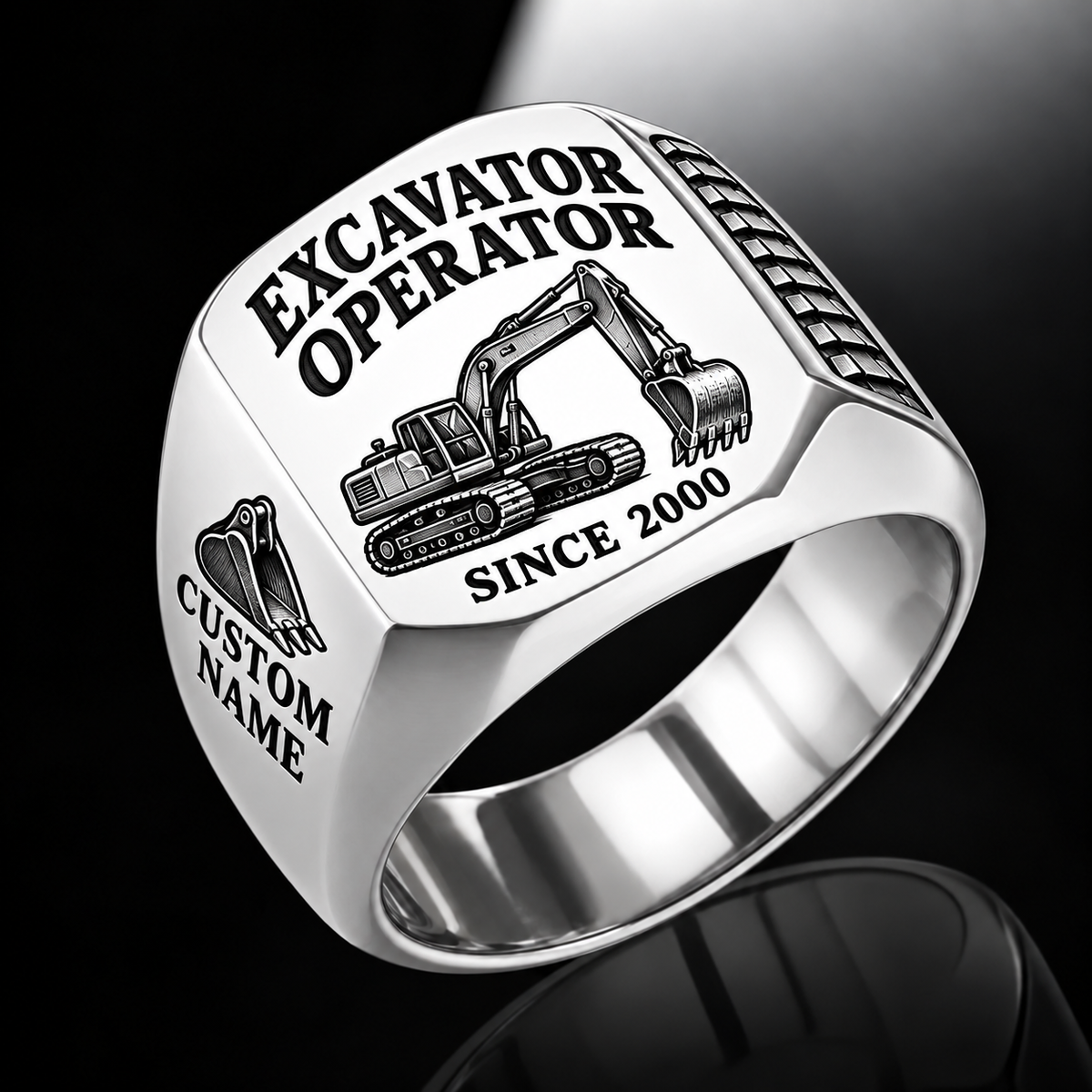 Excavator Operator Classic Emblem ring in Silver, showing CUSTOM NAME and SINCE 2000