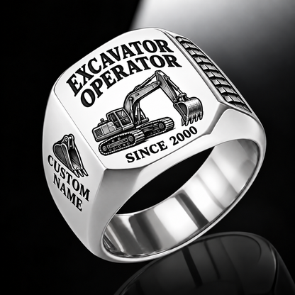 Excavator Operator Classic Emblem ring in Silver, showing CUSTOM NAME and SINCE 2000