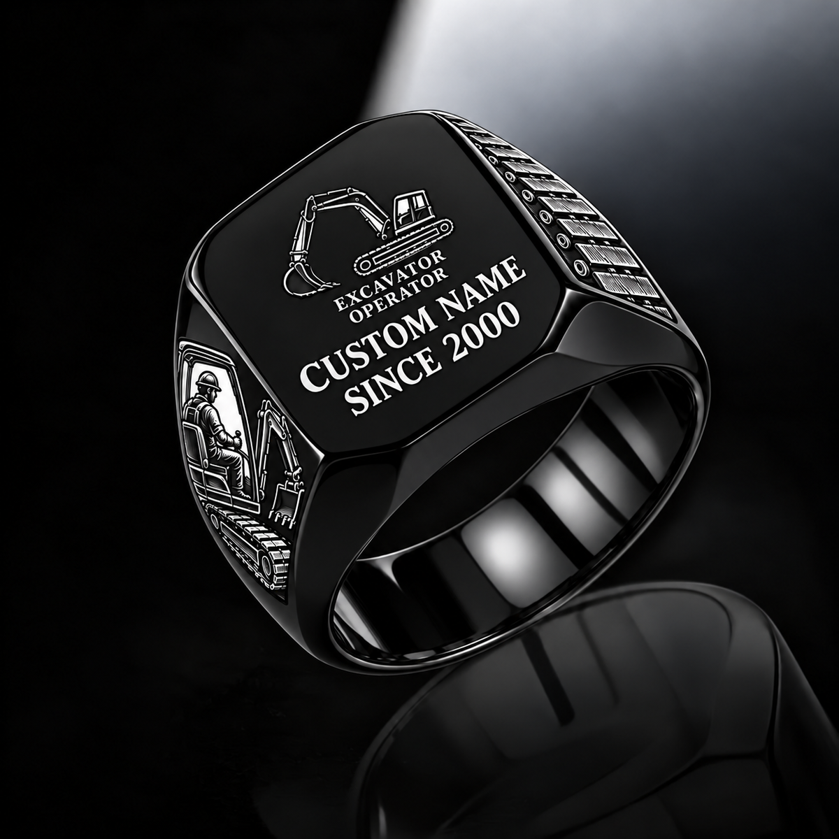 Excavator Operator Signature Crest ring in Black, showing CUSTOM NAME and SINCE 2000