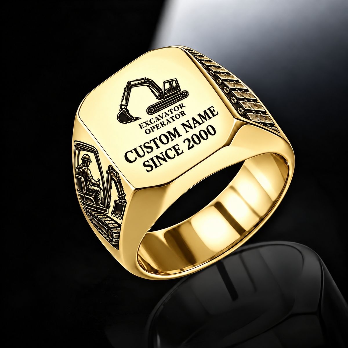 Excavator Operator Signature Crest ring in Gold, showing CUSTOM NAME and SINCE 2000