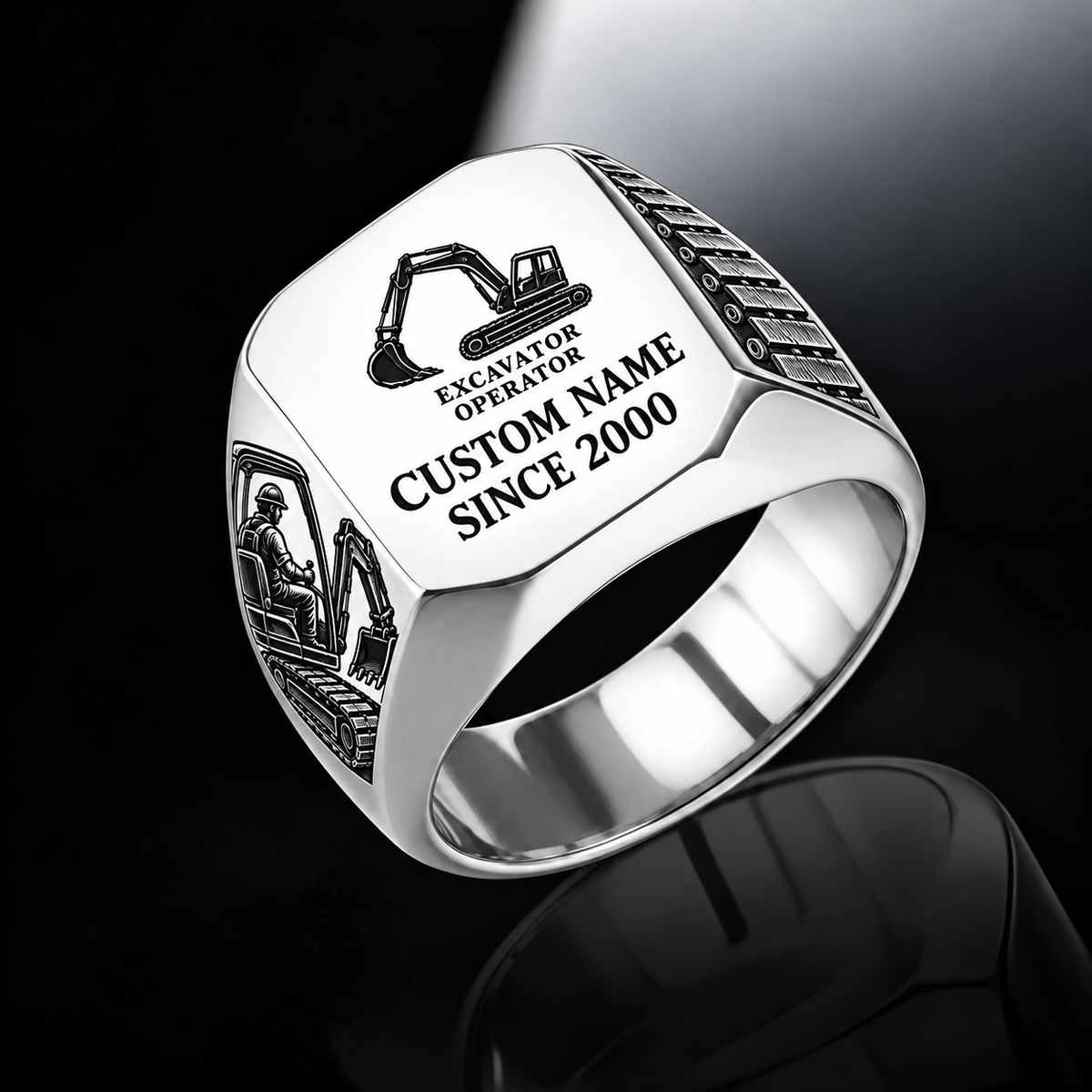 Excavator Operator Signature Crest ring in Silver, showing CUSTOM NAME and SINCE 2000