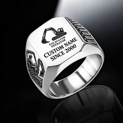 Excavator Operator Signature Crest ring in Silver, showing CUSTOM NAME and SINCE 2000