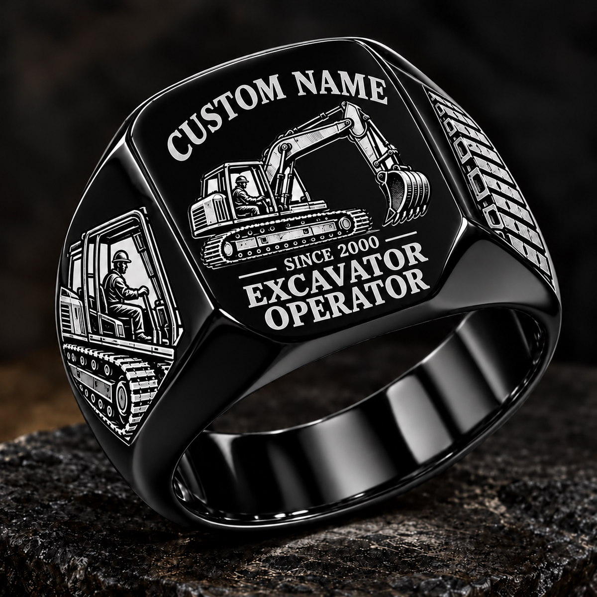 Excavator Operator Heritage Emblem ring in Black, showing CUSTOM NAME and SINCE 2000