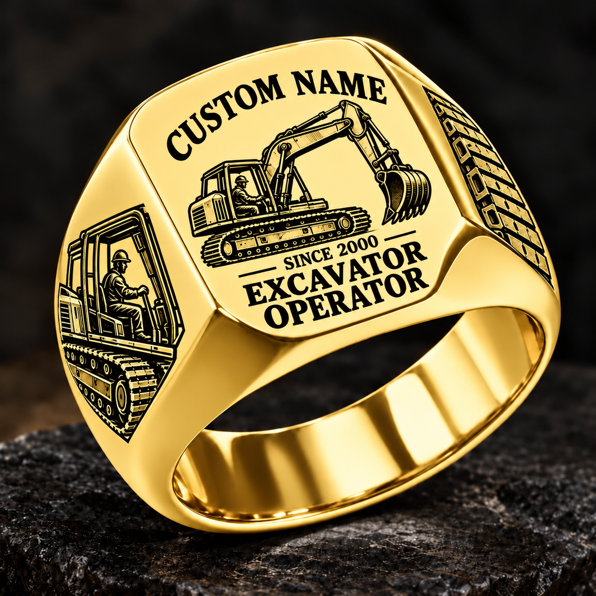 Excavator Operator Heritage Emblem ring in Gold, showing CUSTOM NAME and SINCE 2000