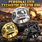 Excavator Operator Heritage Emblem personalized ring in Silver, Gold and Black with CUSTOM NAME and SINCE 2000 on a excavator operator-themed background