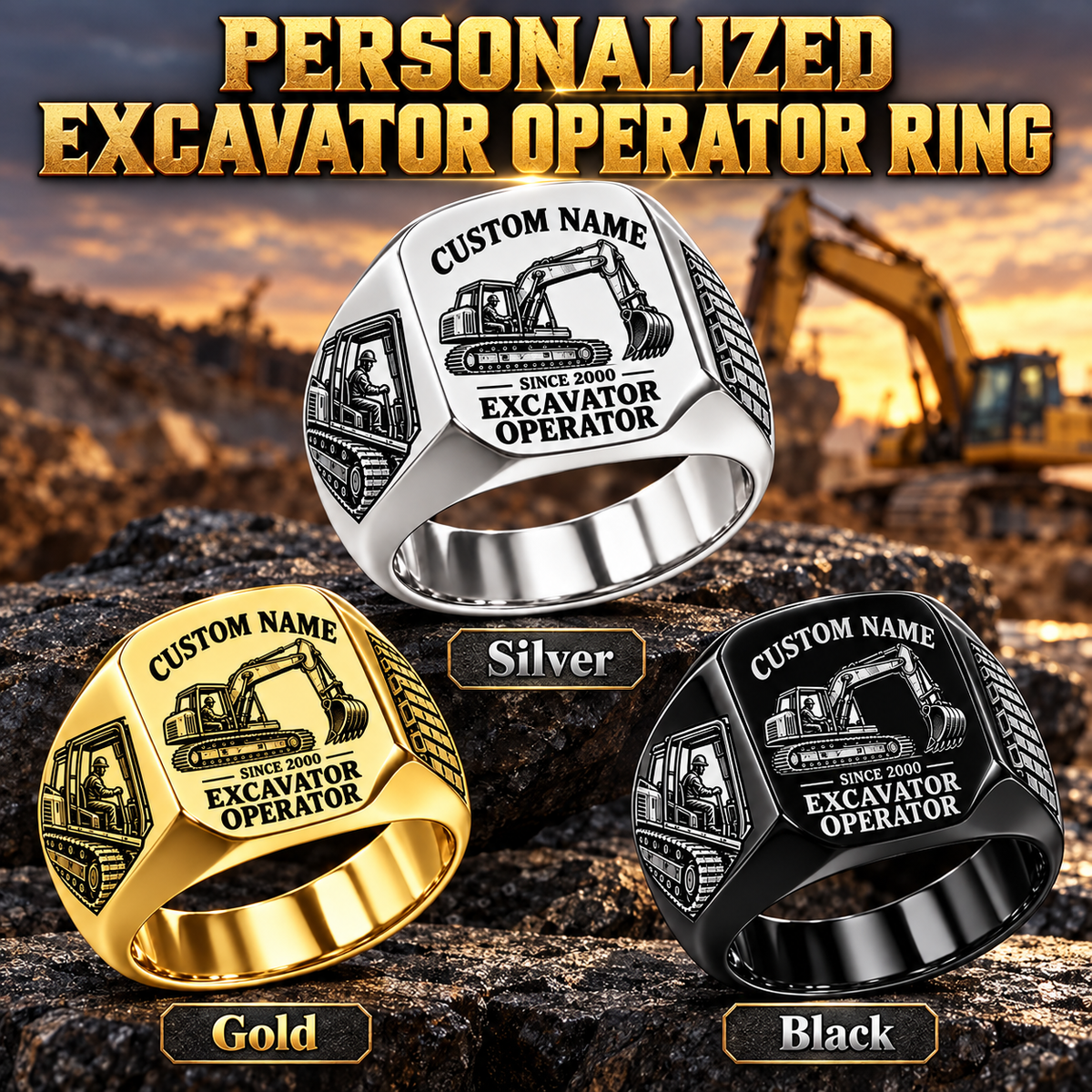 Excavator Operator Heritage Emblem personalized ring in Silver, Gold and Black with CUSTOM NAME and SINCE 2000 on a excavator operator-themed background