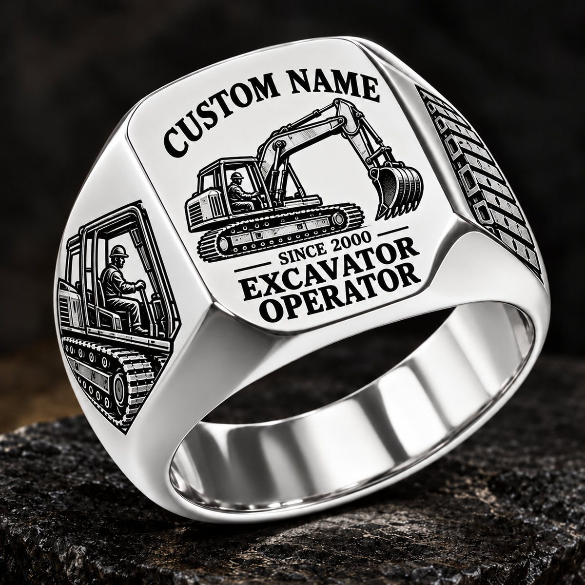 Excavator Operator Heritage Emblem ring in Silver, showing CUSTOM NAME and SINCE 2000