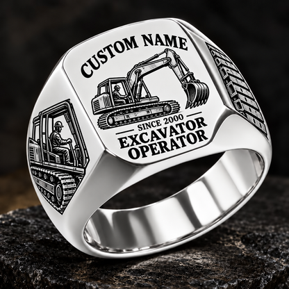 Excavator Operator Heritage Emblem ring in Silver, showing CUSTOM NAME and SINCE 2000