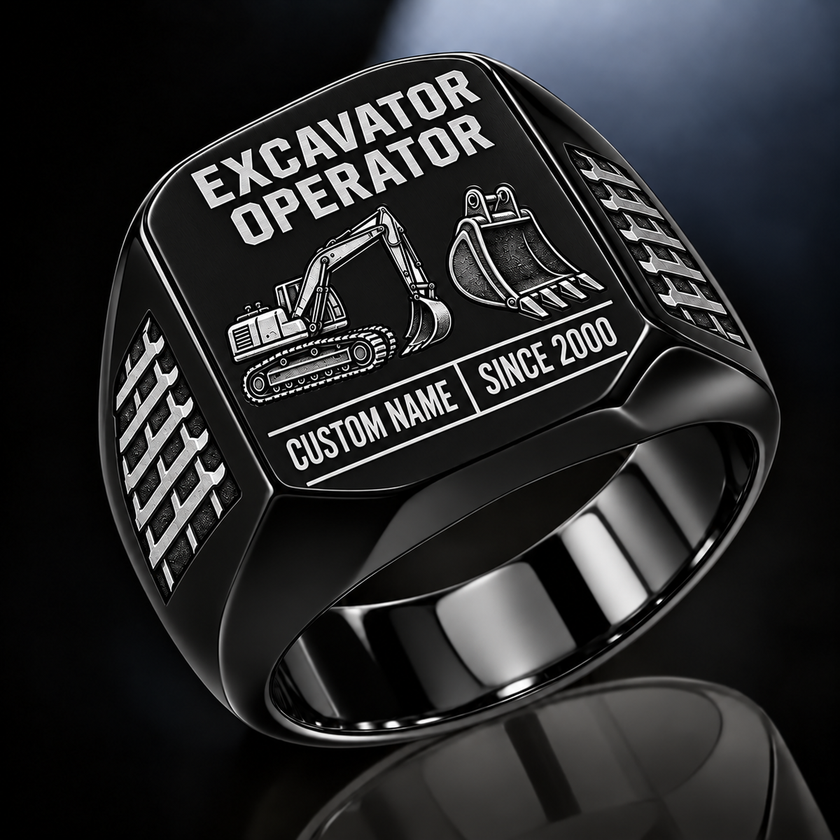 Excavator Operator Twin Icons ring in Black, showing CUSTOM NAME and SINCE 2000