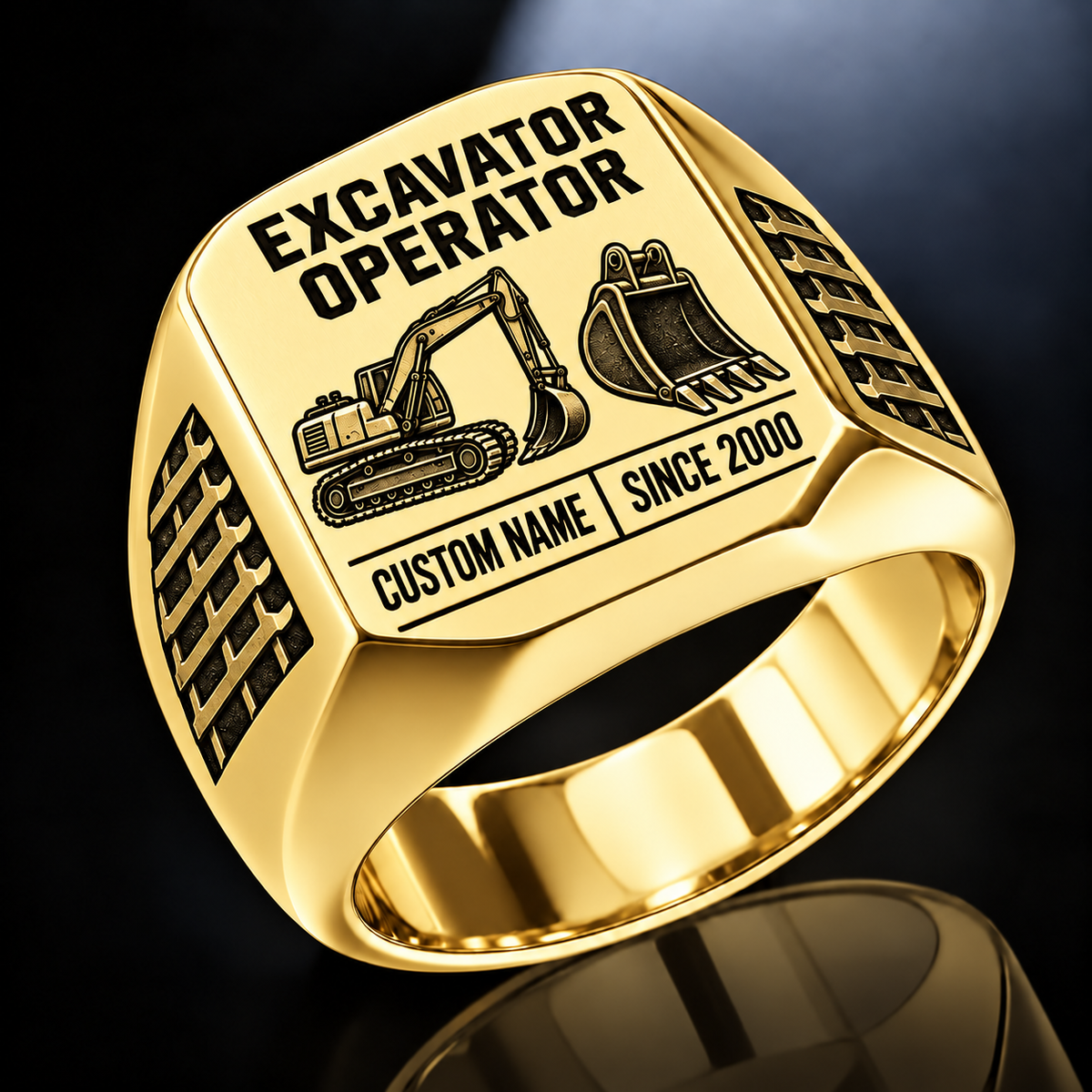 Excavator Operator Twin Icons ring in Gold, showing CUSTOM NAME and SINCE 2000