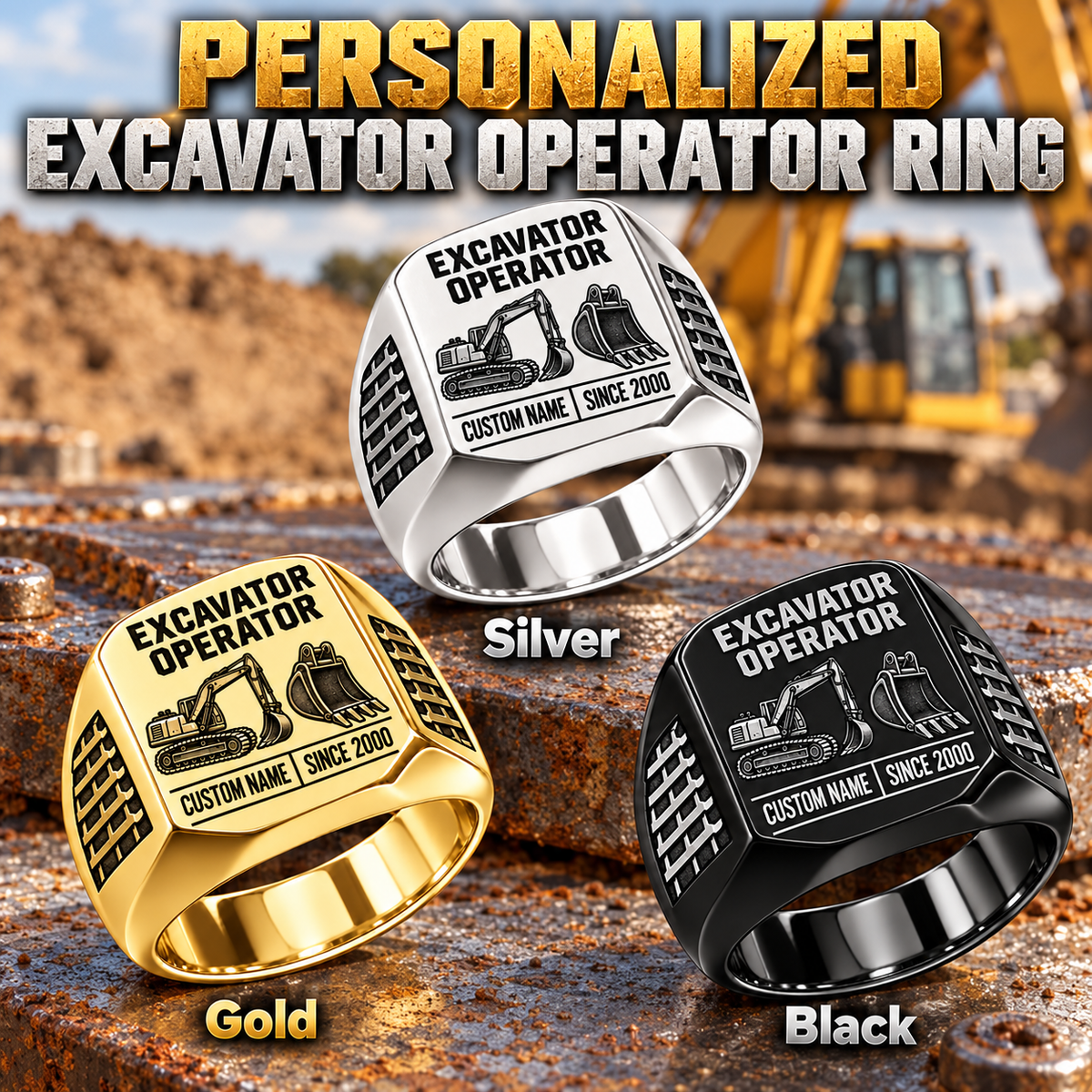 Excavator Operator Twin Icons personalized ring in Silver, Gold and Black with CUSTOM NAME and SINCE 2000 on a excavator operator-themed background