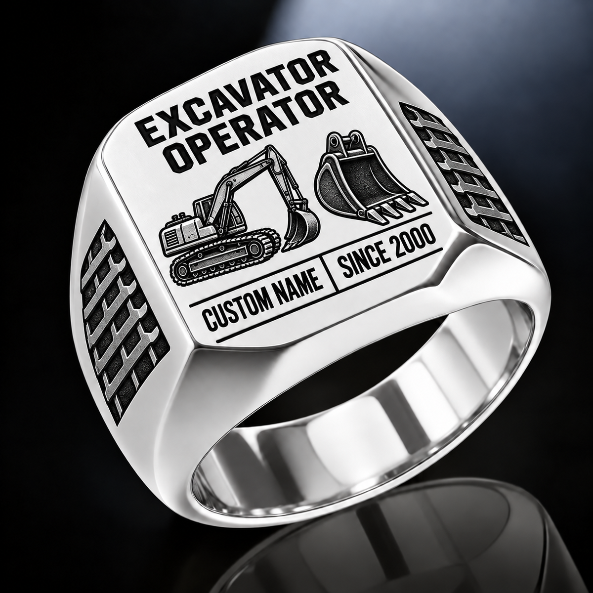 Excavator Operator Twin Icons ring in Silver, showing CUSTOM NAME and SINCE 2000