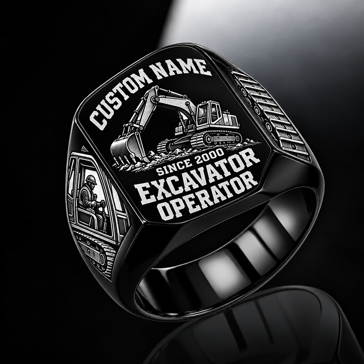 Excavator Operator Bold Lettering ring in Black, showing CUSTOM NAME and SINCE 2000