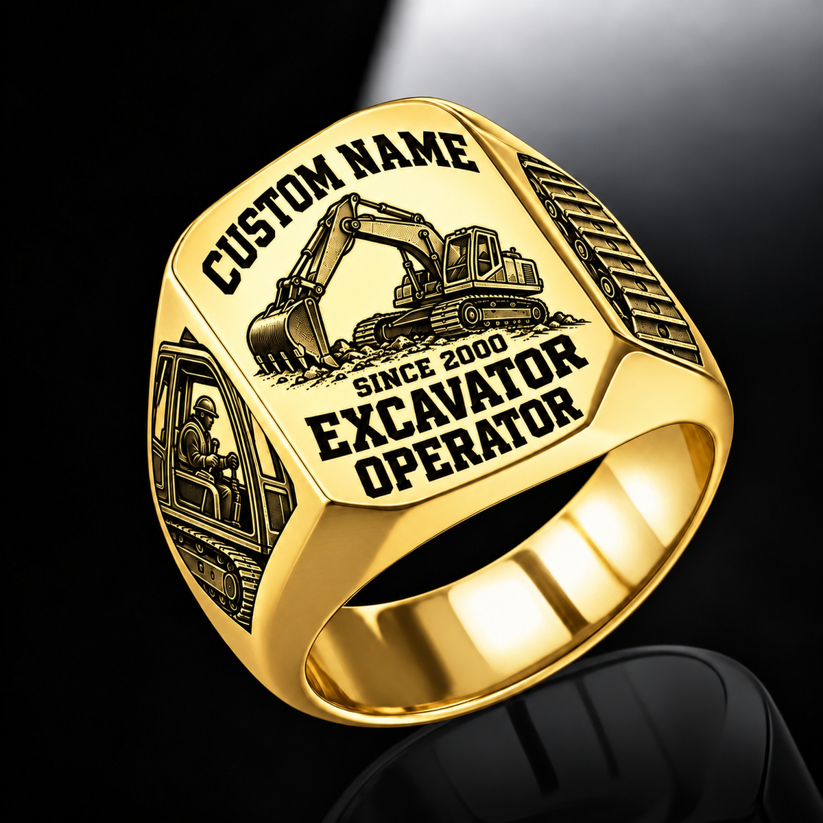 Excavator Operator Bold Lettering ring in Gold, showing CUSTOM NAME and SINCE 2000