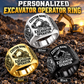 Excavator Operator Bold Lettering personalized ring in Silver, Gold and Black with CUSTOM NAME and SINCE 2000 on a excavator operator-themed background
