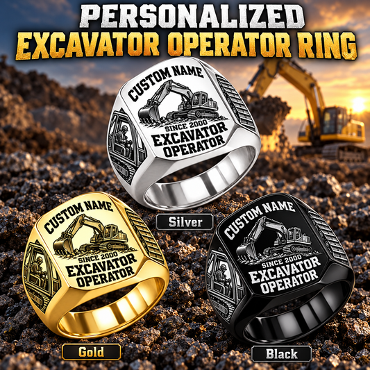 Excavator Operator Bold Lettering personalized ring in Silver, Gold and Black with CUSTOM NAME and SINCE 2000 on a excavator operator-themed background