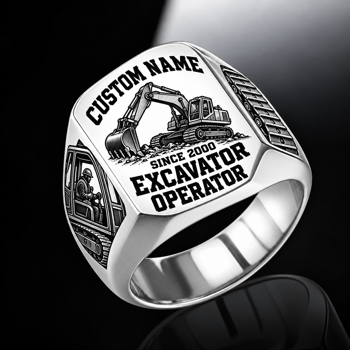 Excavator Operator Bold Lettering ring in Silver, showing CUSTOM NAME and SINCE 2000