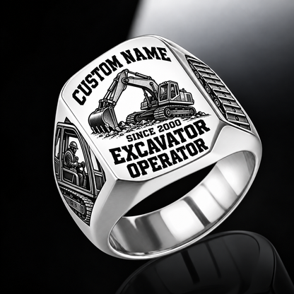 Excavator Operator Bold Lettering ring in Silver, showing CUSTOM NAME and SINCE 2000