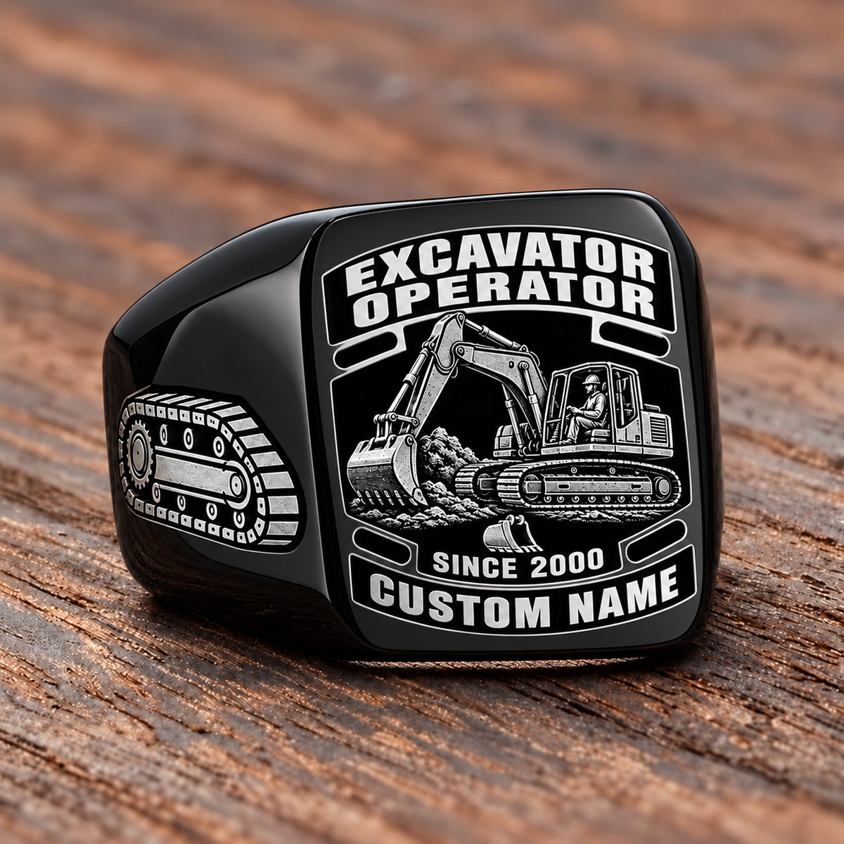 Excavator Operator Black Face Badge ring in Black, showing CUSTOM NAME and SINCE 2000
